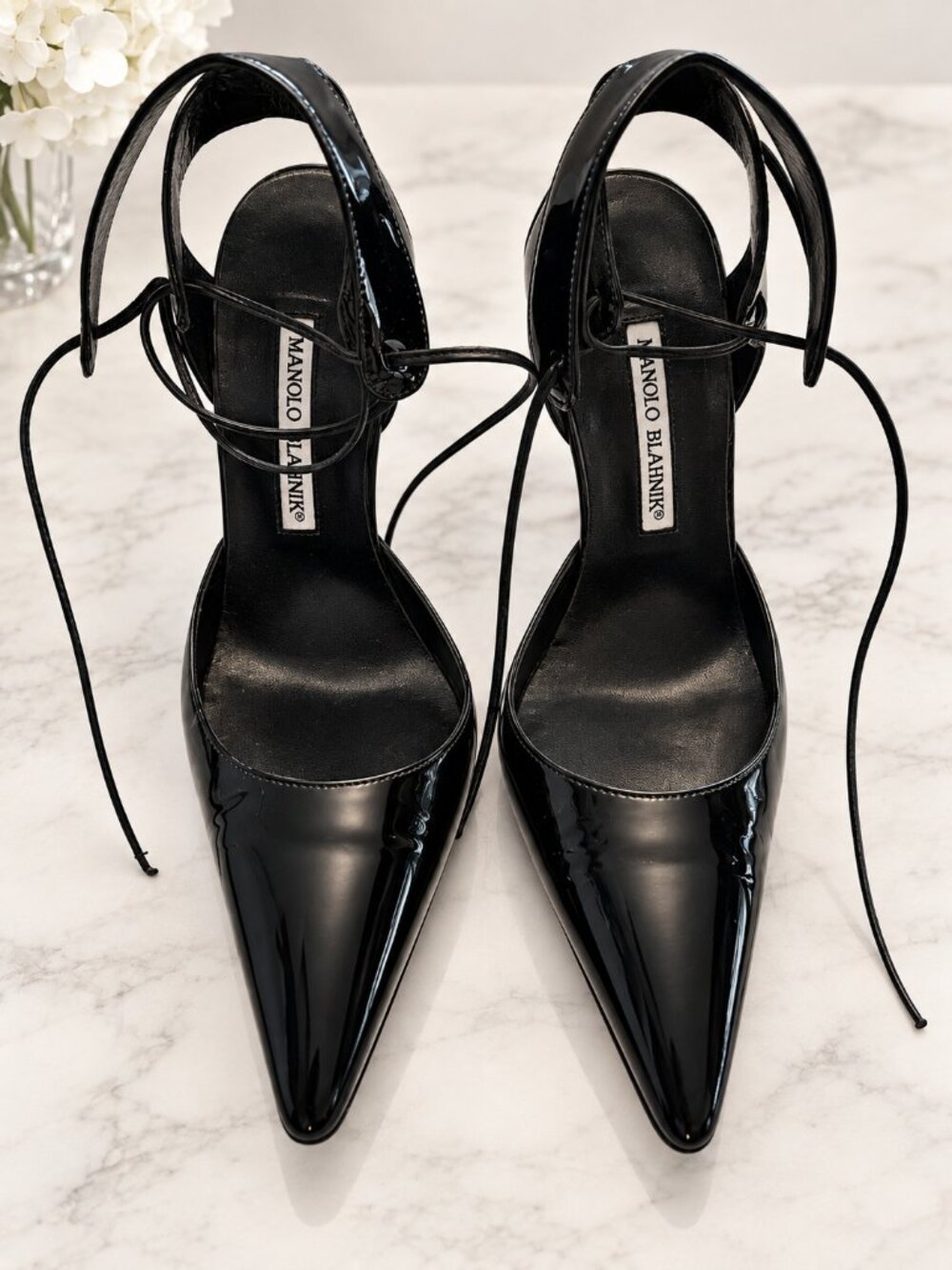 Vintage Manolo Blahnik Black Patent Leather Lace Up Pointed Toe Heels